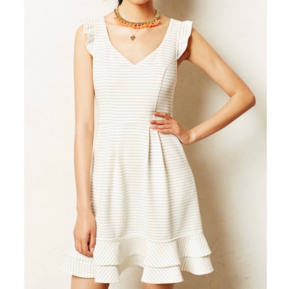Anthropologie Maeve White Striped Flounce Dress
